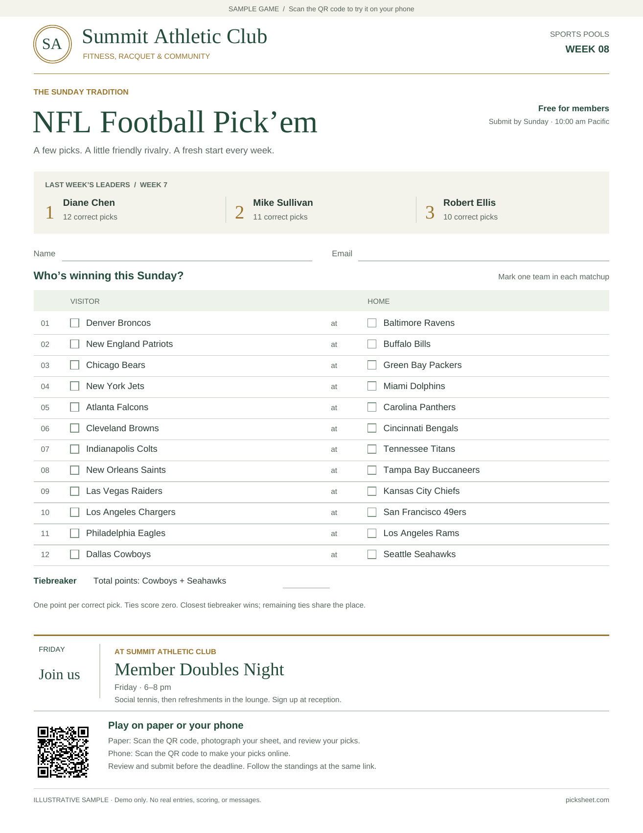 Summit Athletic Club NFL Pick’em sheet, with leaders, matchups, an announcement, and entry instructions