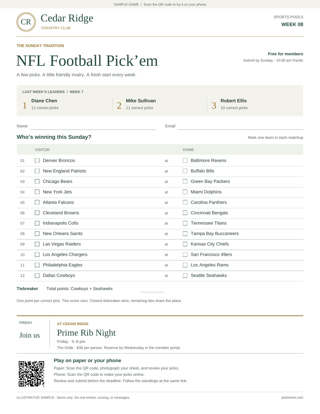 Cedar Ridge NFL Pick’em sheet, with leaders, matchups, an announcement, and entry instructions