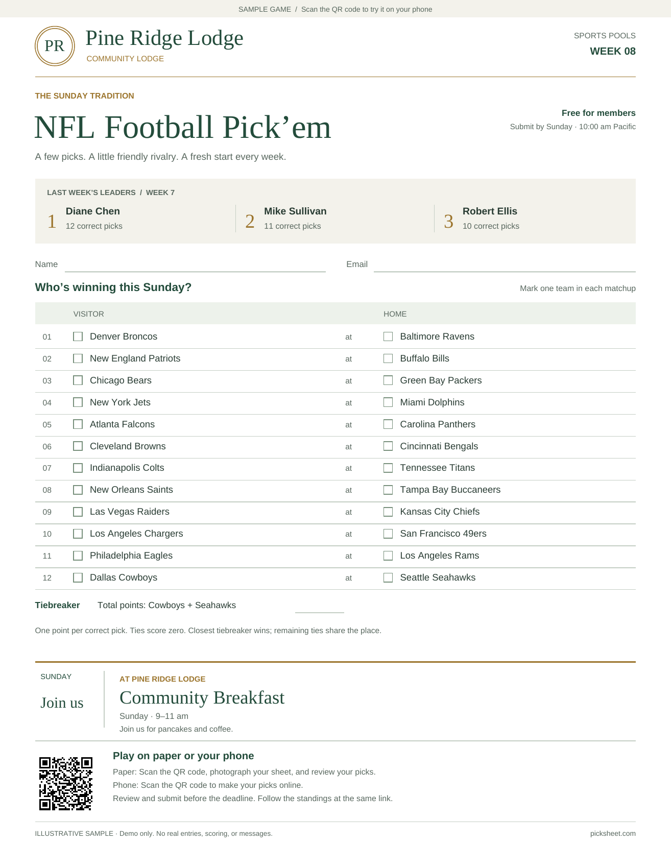 Pine Ridge Lodge NFL Pick’em sheet, with leaders, matchups, an announcement, and entry instructions