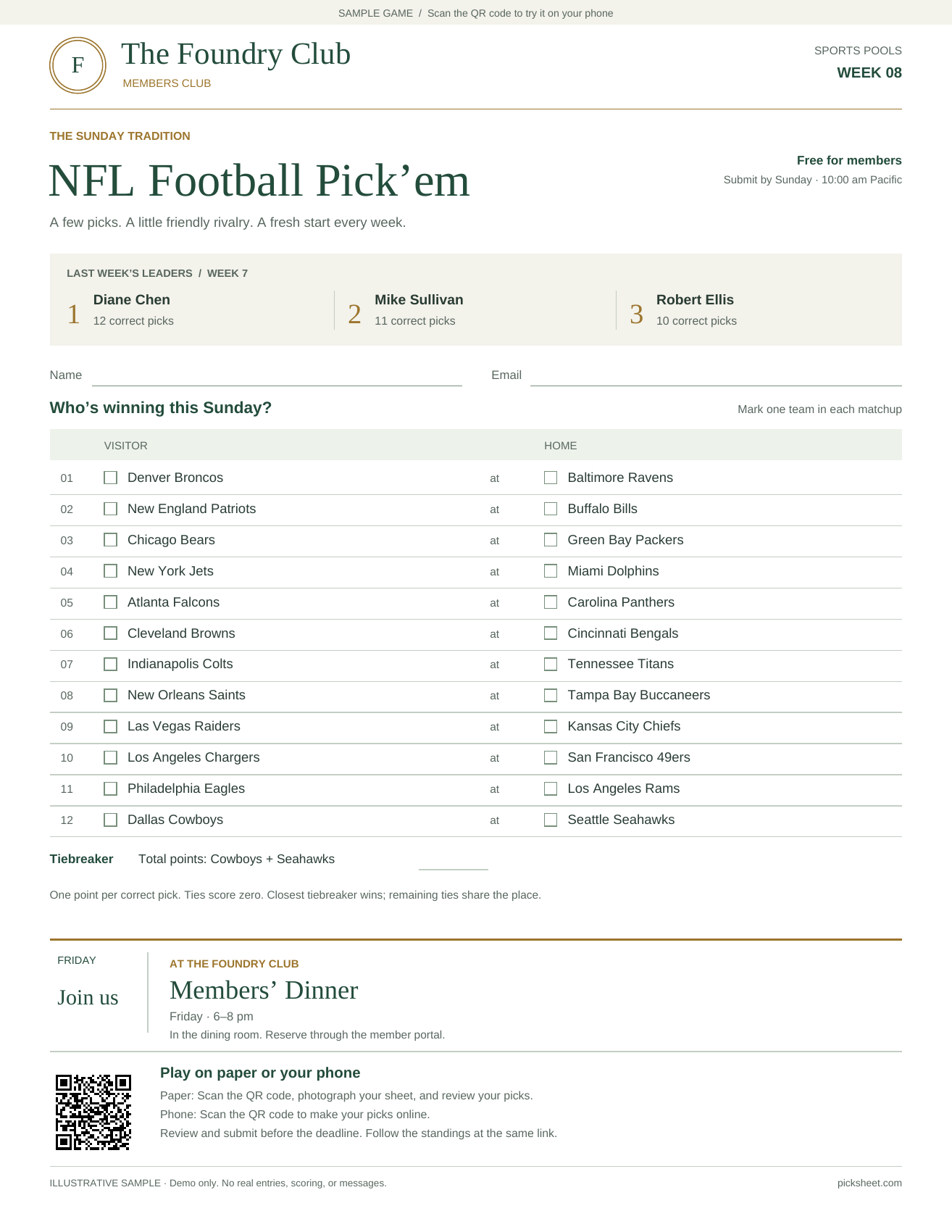 The Foundry Club NFL Pick’em sheet, with leaders, matchups, an announcement, and entry instructions