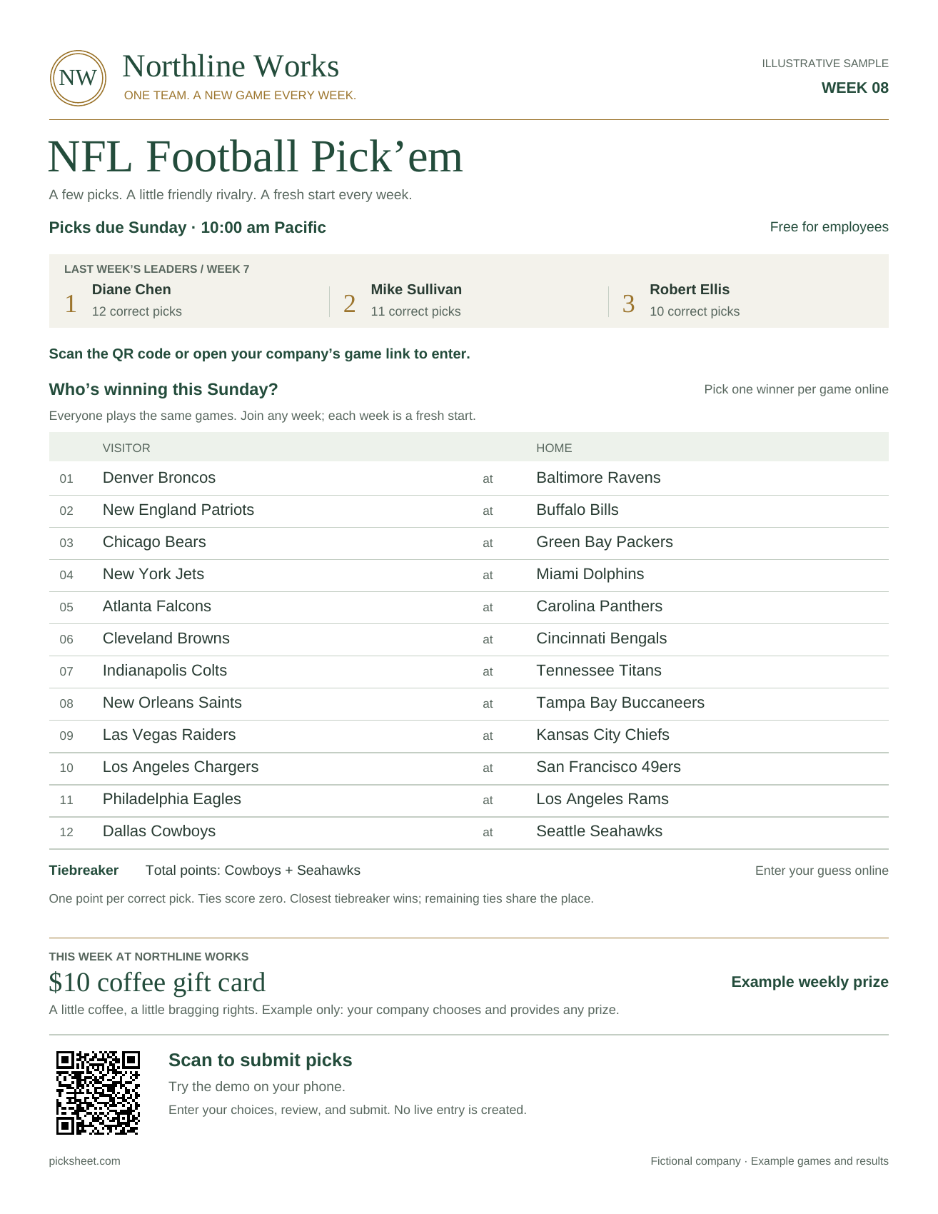 Northline Works NFL Pick’em sheet, with leaders, matchups, an announcement, and entry instructions