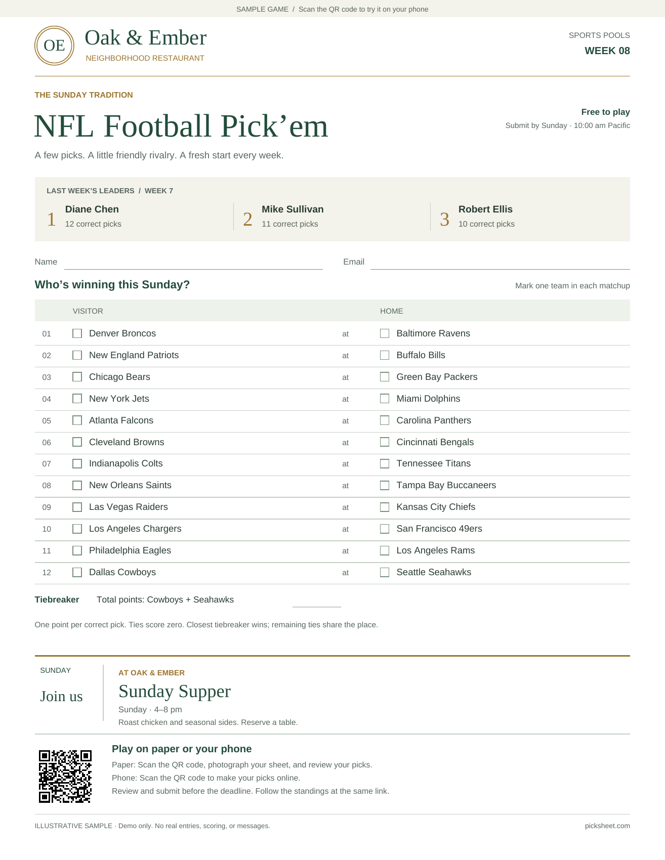 Oak & Ember NFL Pick’em sheet, with leaders, matchups, an announcement, and entry instructions
