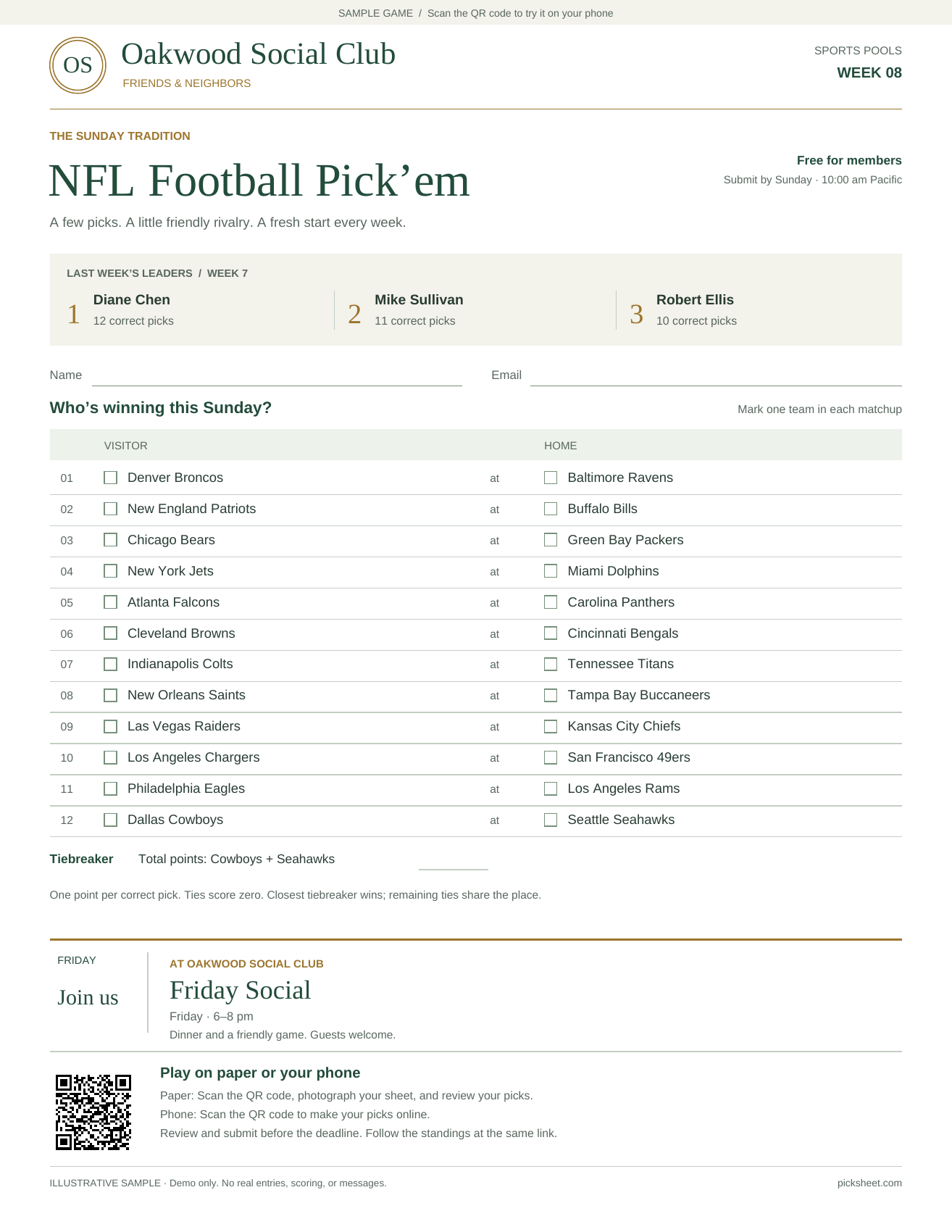 Oakwood Social Club NFL Pick’em sheet, with leaders, matchups, an announcement, and entry instructions