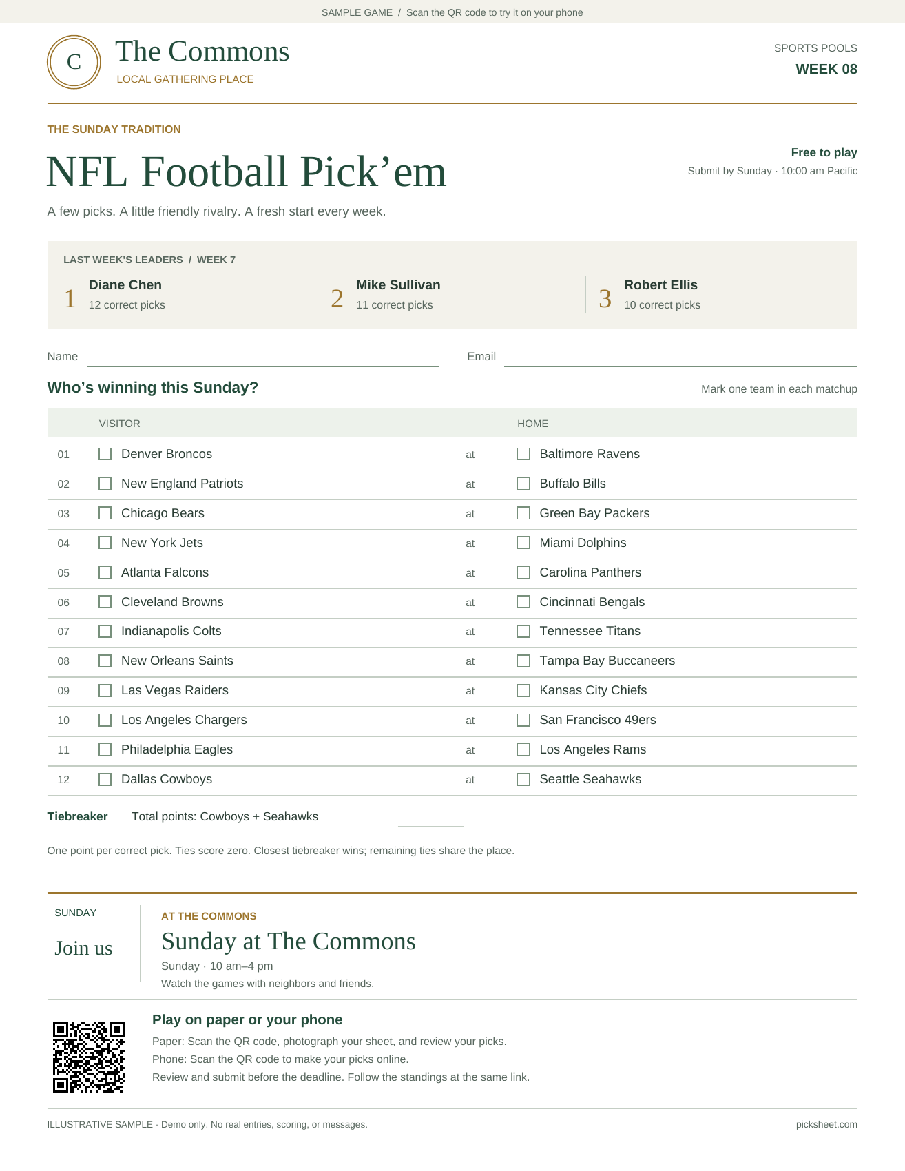 The Commons NFL Pick’em sheet, with leaders, matchups, an announcement, and entry instructions